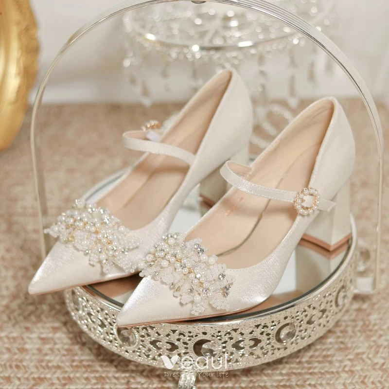 3cm New Fashion Pointed Toe Pumps Pearl Beaded Sexy Block Heels Bridesmaid  Silver Women Shoes 41 42 43