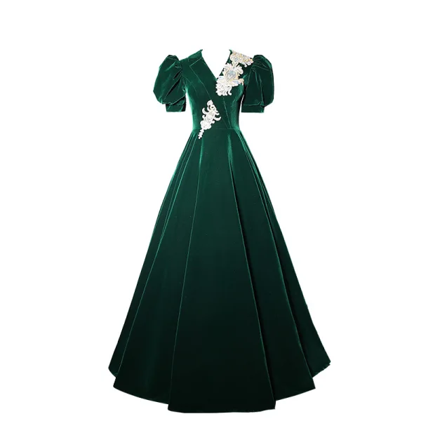 Elegant Dark Green Beading Sequins Suede Prom Dresses 2023 V-Neck A-Line / Princess Short Sleeve Backless Floor-Length / Long Prom Formal Dresses