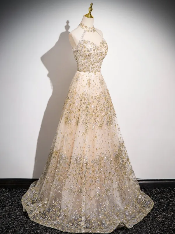 Sparkly Champagne Rhinestone Sequins Prom Dresses 2024 A-Line / Princess High Neck Sleeveless Backless Floor-Length / Long Prom Formal Dresses