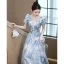 Mode Charmant Bleu Ciel Perlage Perle Paillettes En Dentelle Fleur Robe De Bal 2023 Princesse V-Cou Manches Courtes Dos Nu Longue