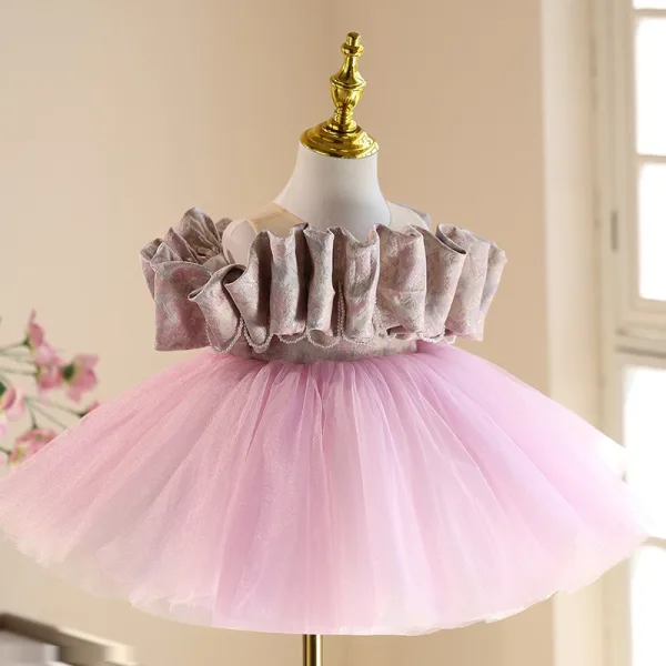 Schöne Rosa Rüschen Kurze Geburtstag Blumenmädchenkleider 2025 Ballkleid Rundhalsausschnitt Kurze Ärmel Tülle