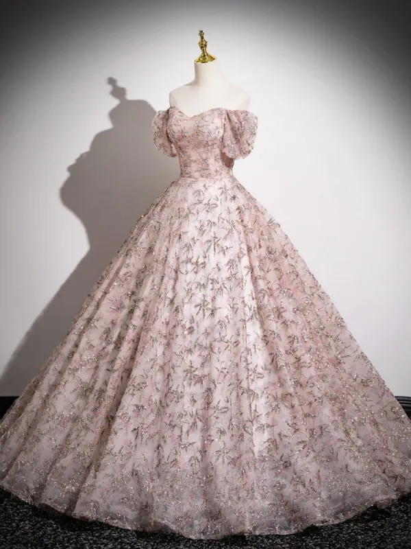 Bling Bling Rougissant Rose Paillettes Robe Boule Robe De Bal 2024 De l'épaule Manches Courtes Dos Nu Longue Promo Robe De Ceremonie