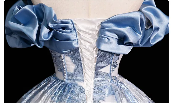 Elegant Sky Blue Glitter Pearl Printing Prom Dresses 2025 Ball Gown Off-The-Shoulder Sleeveless Backless Floor-Length / Long Prom Formal Dresses