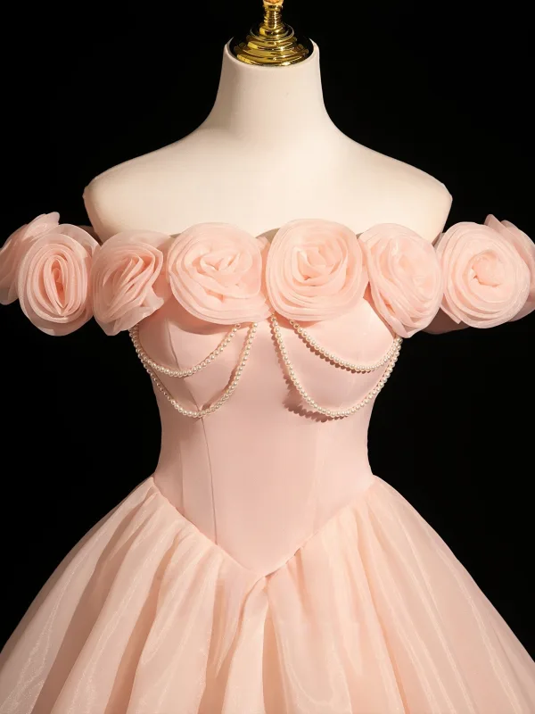 Vintage / Retro Blushing Pink Pearl Appliques Prom Dresses 2025 Ball Gown Off-The-Shoulder Sleeveless Backless Floor-Length / Long Prom Formal Dresses