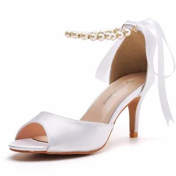 Charmant Witte Parel Enkelband Bruidsschoenen 2024 7 Cm Naaldhakken Stiletto Peep Toe Huwelijk Sandalen Hoge Hakken