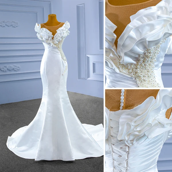 High-end White Beading Pearl Satin Wedding Dresses 2022 Trumpet / Mermaid Ruffle Scoop Neck Sleeveless Floor-Length / Long Wedding