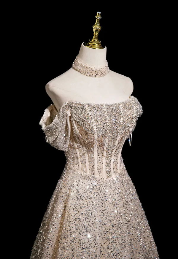 Glitzernden Charmant Champagner Perlenstickerei Strass Pailletten Abendkleider 2025 A Linie Off Shoulder Kurze Ärmel Rückenfreies Lange Festliche Kleider