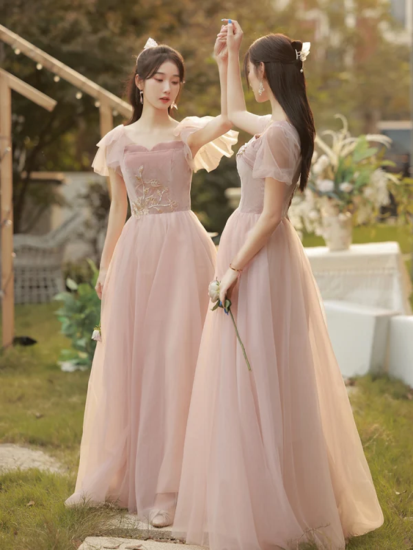 Modest / Simple Blushing Pink Bridesmaid Dresses 2022 A-Line / Princess Square Neckline Short Sleeve Backless Floor-Length / Long Wedding Party