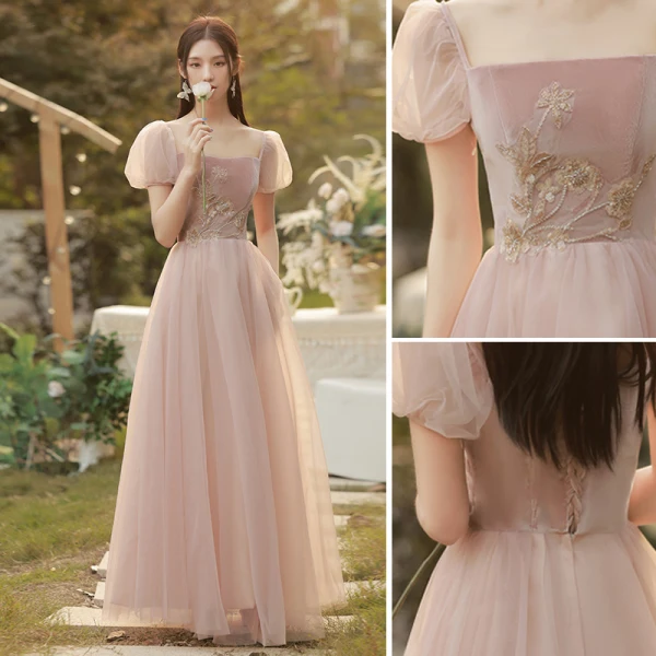 Chic / Belle Rose Sombre Perle Velour Robe Demoiselle D'honneur 2022 Princesse Encolure Carrée Manches Courtes Dos Nu Longue Demoiselle D'honneur Robe De Ceremonie