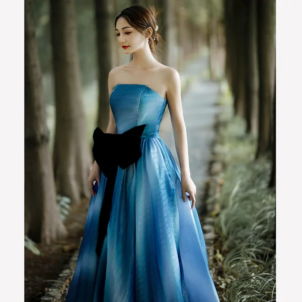 Chic / Belle Océan Bleu Noeud Ceinture Robe De Bal 2022 Princesse Bustier Sans Manches Dos Nu Longue Robe De Ceremonie