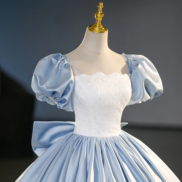 Elegant Sky Blue Satin Prom Dresses 2023 Ball Gown Square Neckline Puffy Short Sleeve Backless Bow Floor-Length / Long Prom Formal Dresses