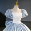Elegant Sky Blue Satin Prom Dresses 2023 Ball Gown Square Neckline Puffy Short Sleeve Backless Bow Floor-Length / Long Prom Formal Dresses