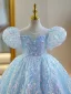 Sparkly Sky Blue Sequins Prom Flower Girl Dresses 2023 Ball Gown Scoop Neck Puffy Short Sleeve Floor-Length / Long Tulle