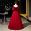 Vintage / Retro Burgundy Beading Sequins Prom Dresses 2023 Ball Gown Velvet V-Neck Short Sleeve Backless Floor-Length / Long Prom Formal Dresses