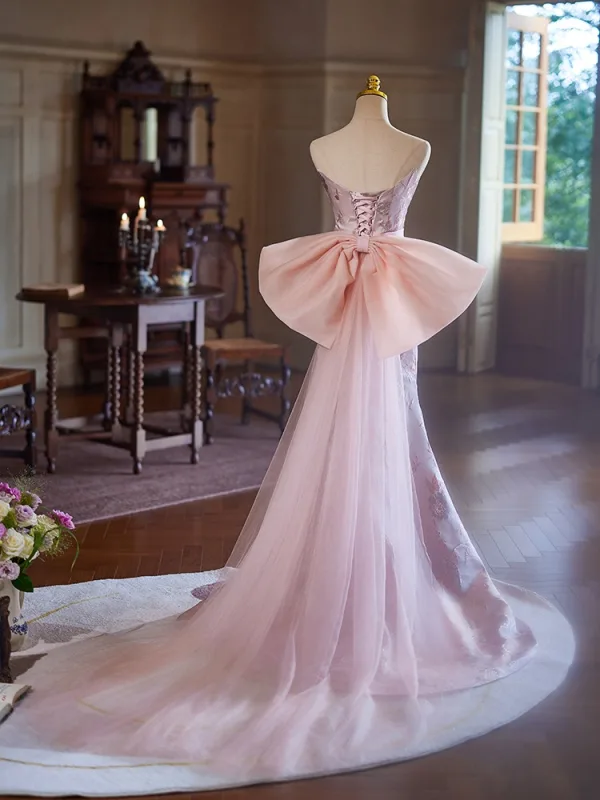 Chic / Belle Rougissant Rose En Dentelle Fleur Robe De Soirée 2024 Trompette / Sirène Bustier Sans Manches Dos Nu Noeud Train De Balayage Soirée Robe De Ceremonie