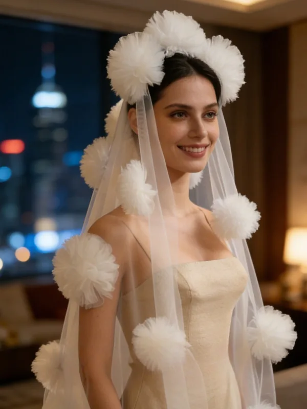 Élégant Blanche Fait main Appliques Tribunal Train Voile De Mariée 2026 Tulle