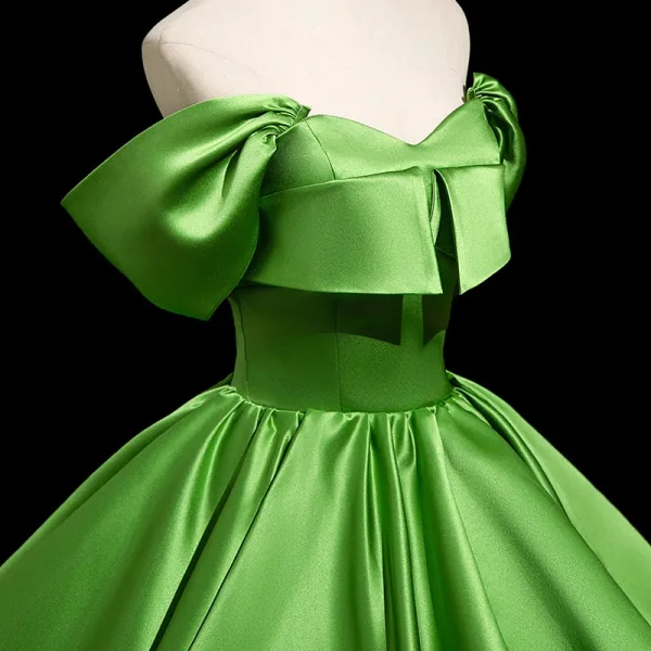 Elegant Green Prom Dresses Ball Gown 2025 Off-The-Shoulder Short Sleeve Backless Floor-Length / Long Formal Dresses