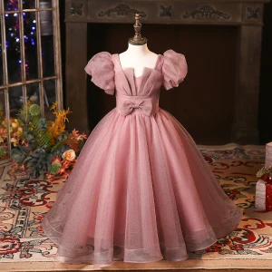 Chic Belle Rougissant Rose Anniversaire Robe Ceremonie Fille 2024 Robe Boule Encolure Carrée Gonflée Manches Courtes Dos Nu Longue