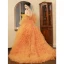 Charming Orange Pleated Evening Dresses 2023 A-Line / Princess Off-The-Shoulder Short Sleeve Backless Sweep Train Evening Party Formal Dresses
