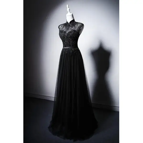 Vintage / Retro Chinese style Black Beading Lace Flower Cheongsam / Qipao Evening Dresses 2025 A-Line / Princess High Neck Sleeveless Floor-Length / Long Evening Party Cheongsam
