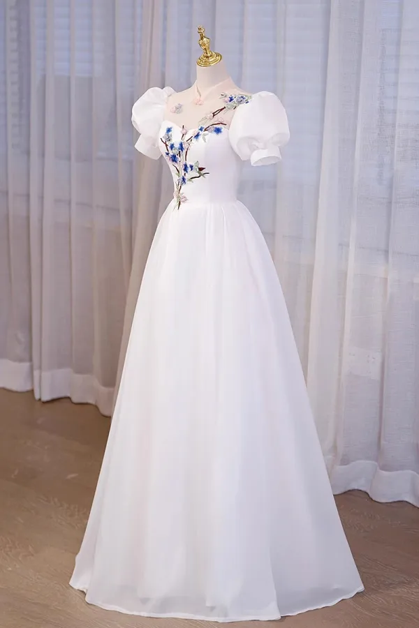 Chinese style Ivory Lace Flower Appliques Cheongsam Evening Dresses Prom Dresses 2023 A-Line / Princess High Neck Puffy Short Sleeve Floor-Length / Long Evening Party Prom