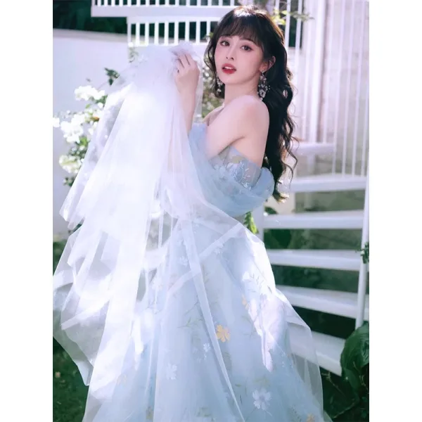 Flower Fairy Sky Blue Appliques Organza Prom Dresses 2023 A-Line / Princess Off-The-Shoulder Sleeveless Backless Floor-Length / Long Prom Formal Dresses