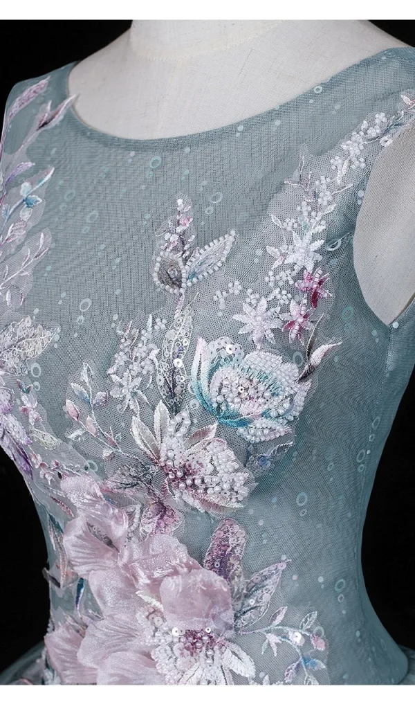 Vintage Taubenblau Spitze Blumen Applikationen Pailletten Ballkleider 2026 Ballkleid Rundhalsausschnitt Ärmellos Rückenfreies