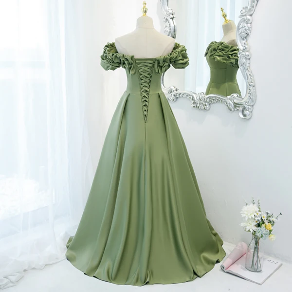 Vintage / Retro Solid Color Satin Green Ruffle Prom Dresses 2021 A-Line / Princess Off-The-Shoulder Crossed Straps Floor-Length / Long Formal Dresses