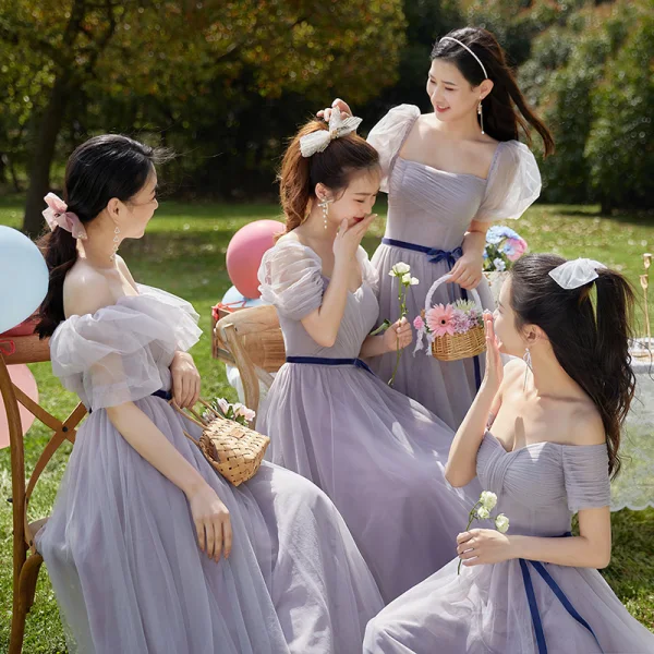 Modest / Simple Lavender Bridesmaid Dresses 2022 A-Line / Princess Short Sleeve Backless Bow Sash Floor-Length / Long Bridesmaid