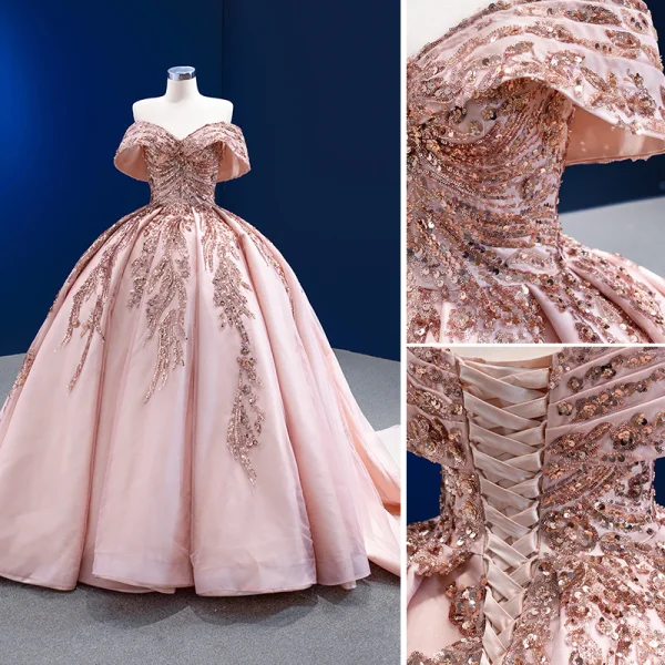 Luxury / Gorgeous Blushing Pink Beading Sequins Wedding Dresses 2022 Ball Gown Off-The-Shoulder Short Sleeve Backless Court Train Wedding