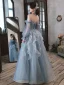 Chic / Beautiful Sky Blue Cascading Ruffles Pearl Prom Dresses 2023 A-Line / Princess Strapless Sleeveless Backless Floor-Length / Long Prom Formal Dresses
