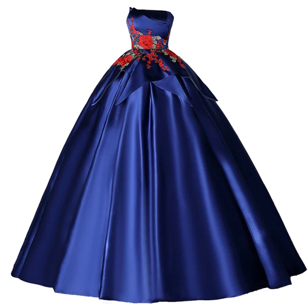 Vintage / Retro Navy Blue Satin Prom Dresses 2022 Ball Gown Strapless Lace Flower Sleeveless Backless Floor-Length / Long Prom Formal Dresses