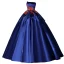 Vintage / Retro Navy Blue Satin Prom Dresses 2022 Ball Gown Strapless Lace Flower Sleeveless Backless Floor-Length / Long Prom Formal Dresses