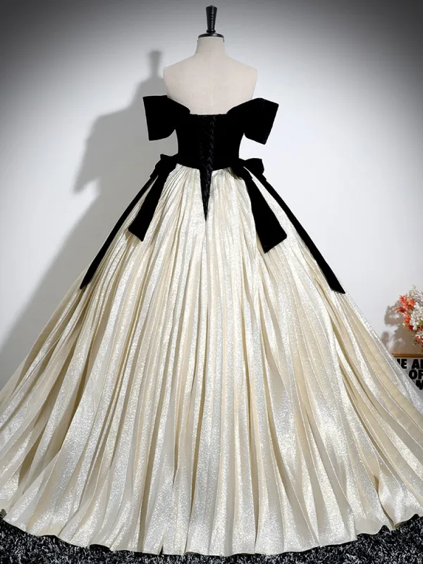 Élégant Champagne Glitter Satin Noeud Robe De Bal 2024 Robe Boule De l'épaule Manches Courtes Dos Nu Longue Promo Robe De Ceremonie