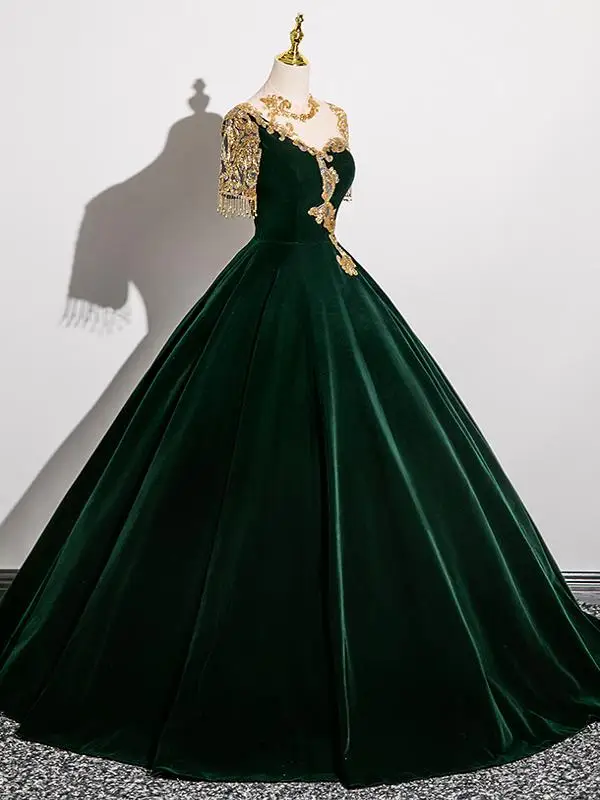 Elegant Dark Green Beading Lace Flower Velvet Prom Dresses 2025 Ball Gown Scoop Neck Short Sleeve Backless Floor-Length / Long Prom Formal Dresses