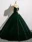 Elegant Dark Green Beading Lace Flower Velvet Prom Dresses 2025 Ball Gown Scoop Neck Short Sleeve Backless Floor-Length / Long Prom Formal Dresses