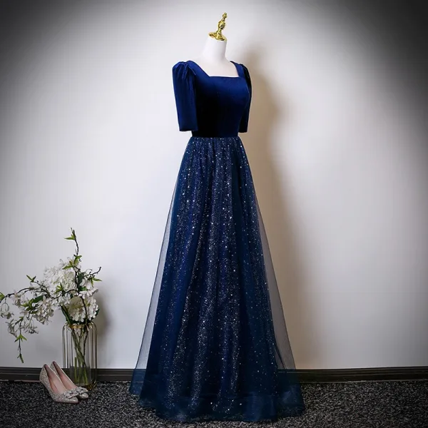 Vintage / Retro Navy Blue Star Sequins Mother Of The Bride Dresses 2025 A-Line / Princess Square Neckline Short Sleeve Backless Floor-Length / Long