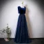 Vintage / Retro Navy Blue Star Sequins Mother Of The Bride Dresses 2025 A-Line / Princess Square Neckline Short Sleeve Backless Floor-Length / Long