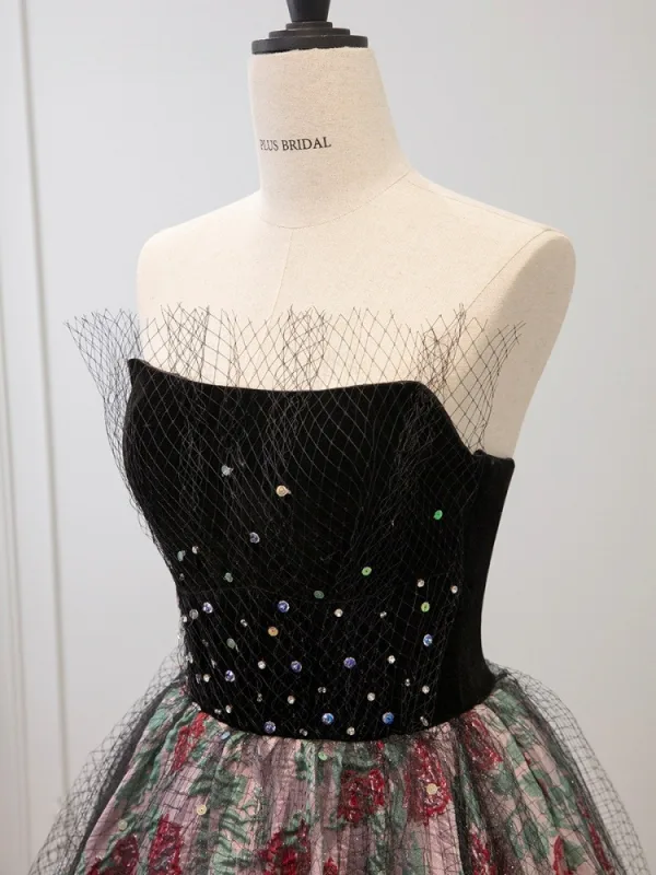 Schöne Schwarz Drucken Ballkleider 2025 A Linie Bandeau Ärmellos Rückenfreies Lange Festliche Kleider