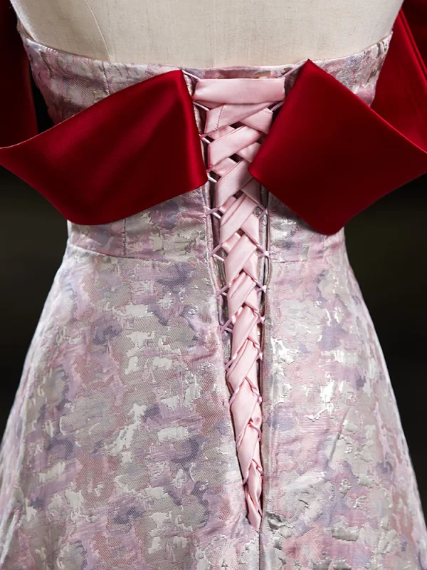 Chic / Beautiful Burgundy Printing Prom Dresses 2024 A-Line / Princess Off-The-Shoulder Bow Sleeveless Backless Floor-Length / Long Prom Formal Dresses