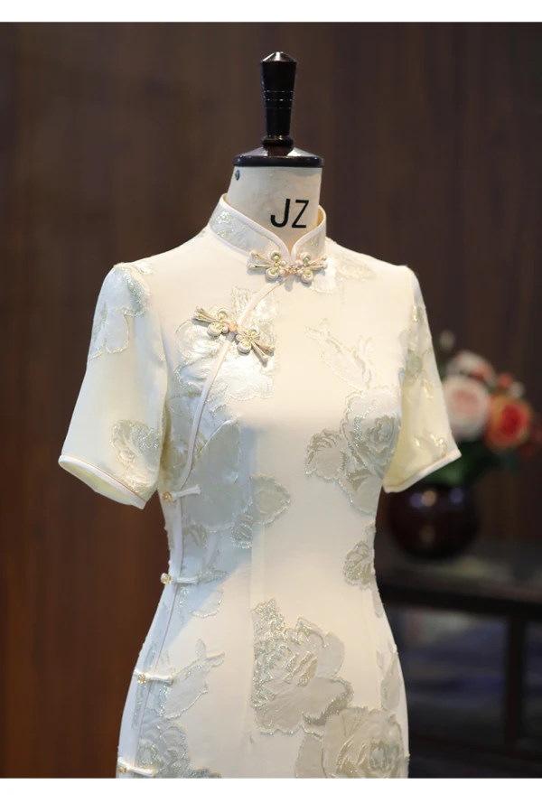 Chinese style Ivory Glitter Printing Evening Party Silk Tea-length Cheongsam / Qipao 2024 Trumpet / Mermaid High Neck Short Sleeve