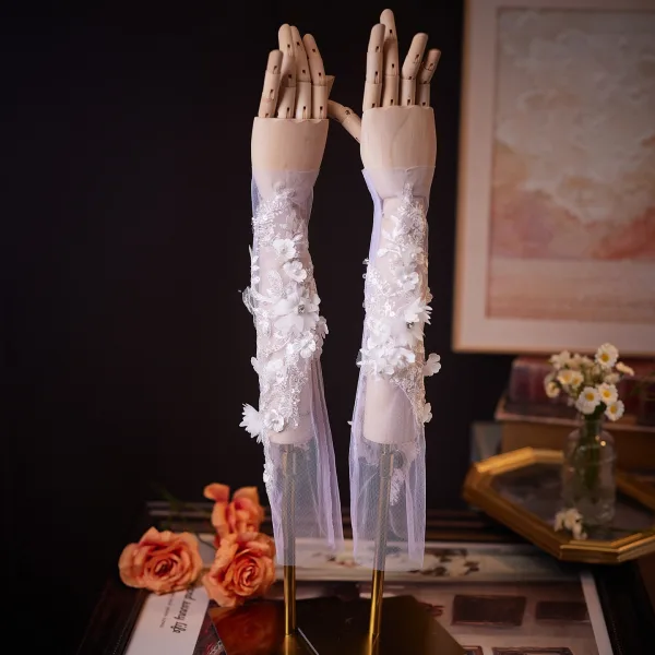 Elegant White Lace Flower Sequins Appliques Pearl Wedding Bridal Gloves Tulle 2026
