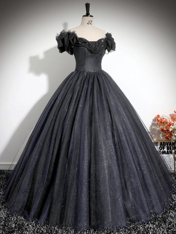 Chic / Beautiful Black Glitter Prom Dresses 2024 Ball Gown Off-The-Shoulder Short Sleeve Backless Floor-Length / Long Prom Formal Dresses