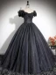 Chic / Beautiful Black Glitter Prom Dresses 2024 Ball Gown Off-The-Shoulder Short Sleeve Backless Floor-Length / Long Prom Formal Dresses
