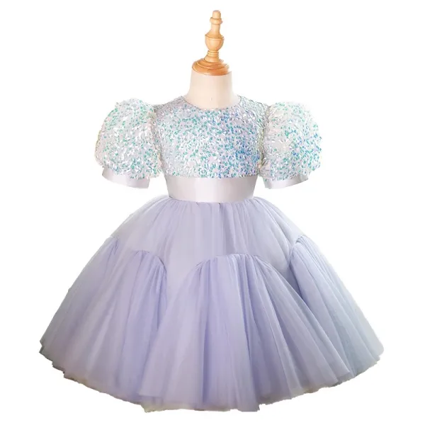 Bling Bling Lavande Paillettes Courte Anniversaire Robe Ceremonie Fille 2023 Robe Boule Encolure Dégagée Gonflée Manches Courtes
