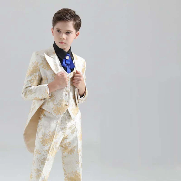 Fashion Yellow Printing 5-piece Long Sleeve Boys Wedding Suits 2024 Coat Pants Shirt Tie Vest