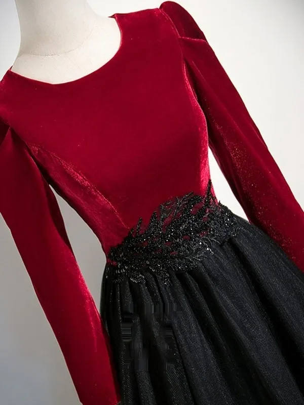 Vintage / Retro Burgundy Beading Velvet Prom Dresses 2025 A-Line / Princess Scoop Neck Long Sleeve Floor-Length / Long Formal Dresses