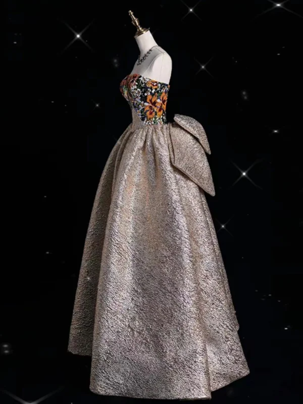Vintage / Retro Unusual Gold Printing Sequins Prom Dresses 2024 A-Line / Princess Strapless Sleeveless Backless Bow Floor-Length / Long Prom Formal Dresses