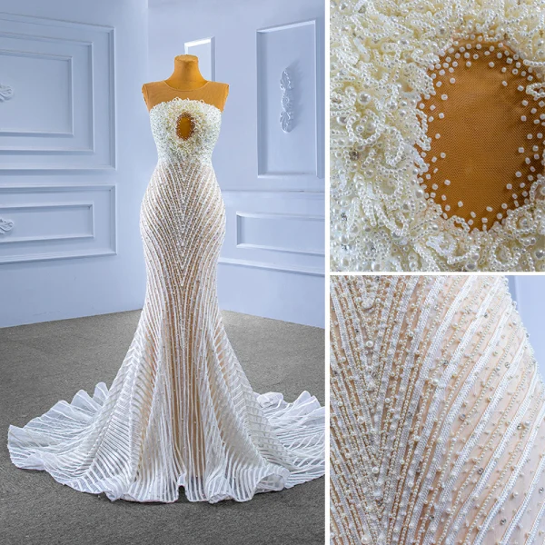 Luxury / Gorgeous White Beading Pearl Wedding Dresses 2022 Trumpet / Mermaid Scoop Neck Sleeveless Backless Court Train Wedding