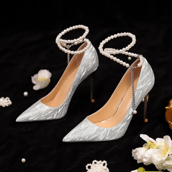 Fashion Silver Sequins Wedding Shoes 2023 Pearl Ankle Strap Leather 10 cm Stiletto Heels Pointed Toe Wedding Pumps High Heels